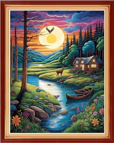 Image of Funxvoot Stamped Cross Stitch Kits Beginners Full Range of Embroidery Kits for Adults 11CT Embroidery Patterns Needlepoint Kits Printed Cross Stitch Kits-Sunrise Scenery 16x20 inch