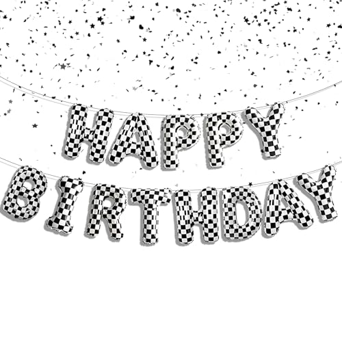 Black and White Checkered Balloons Racing Happy Birthday Banner Balloons