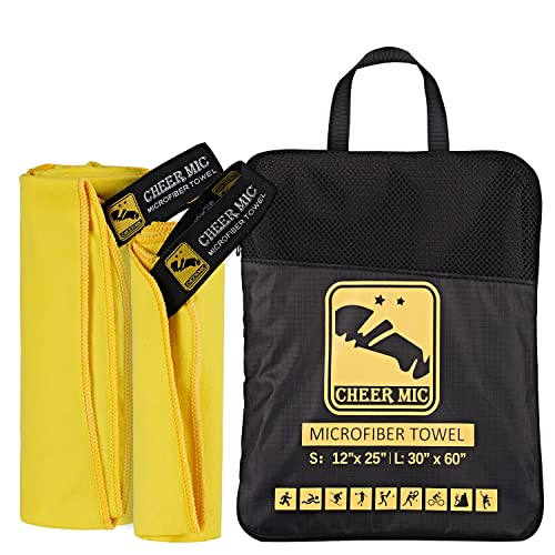 Cheer Mic Microfiber Fast Drying Towel - Ultra Soft Compact For Beach Hiking Travel Yoga Sports Backpacking & Camping (Large (30"X60")+Small (12"X25"), Yellow) #TOP12