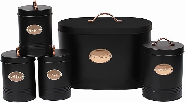 5PC Kitchen Food Storage Set Bread Bin, Biscuit Tin and Tea, Coffee & Sugar Canister Set, Vintage Classic Inspired Metal Storage Set BY Crystals® (Black)
