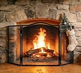 Calidola Pare étincelles à 3 panneaux pour cheminée   Écran plat en fer   102 cm de long x 54 cm de haut   Panneau en maille robuste pour cheminée ouverte, revêtement en poudre noire