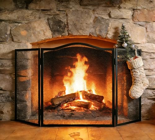 Calidola Protector de chispas de chimenea de 3 paneles, pantalla plana de hierro con parte superior de arco de 102 cm de largo x 54 cm de alto, panel de malla resistente para chimenea abierta