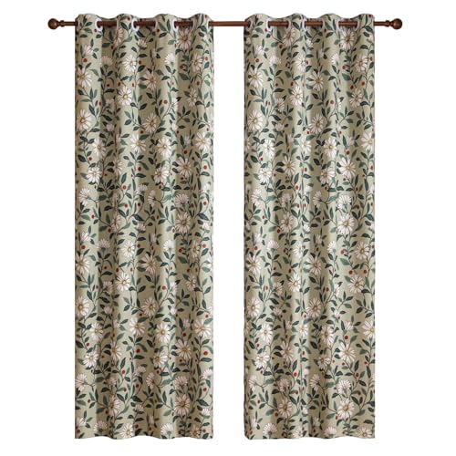 Image of ISAENNE Designer French Green Linen Printed Curtain,2 Panels,79 inchx53 inch-Brune | Vintage Curtains with Grommet 79 inches long,Floral Pattern Home Decor Draps,kitchen Bedroom Living Room Window Blackout