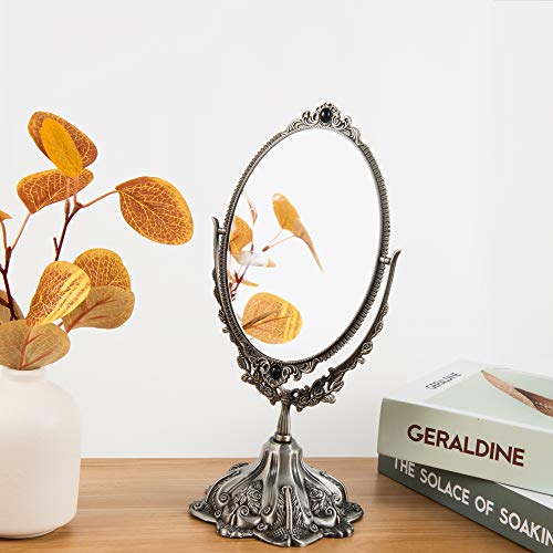 Feyarl 11.2 Inch Vintage Makeup Mirror Floral Tabletop Oval Vanity Mirror With Stand Dressing Room Swivel Double Sided Elegant Decorative Mirror Embossed Frame (Pewter) #TOP4