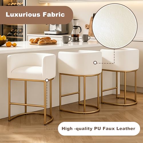 Image of 26 inch Counter Height Bar Stools Set of 1, Faux Leather Upholstered Barrel Chairs with Back and Arms, Metal Frame Kitchen Island Stools with Footrest, Cream-Gold Frame