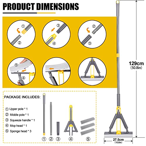 Kphico Pva Sponge Mop For Floor Cleaning,Squeeze Roller Mop With 3 Absorbent Sponge Heads And Extendable Long Handle,Self Wringing Mop For Hardwood Laminate Tile Marble Ceramic,Easily Dry Wringing #TOP1