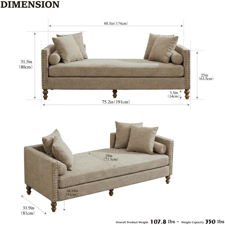 75.2'' W Oversized Chaise Lounge Daybed Sofa End of Bed Bench - Breathable Chenille Fabric, Sturdy 450LBS Support, High-Density Sponge for Bedroom, Living Room, Dressing Room (Taupe)