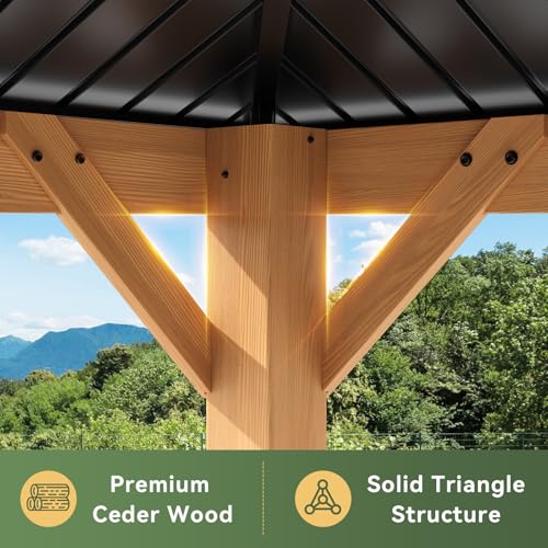 Image of Aoxun 10' x 12' Patio Wood Gazebo Cedar Wood, Natural | Patio Hardtop Gazebo Permanent Wooden Pavilion with Galvanized Steel Double Roof, for Backyard, Garden, Deck
