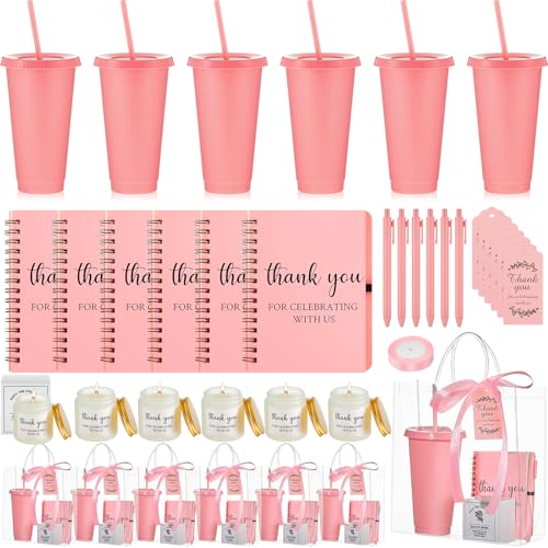 Nuogo 6 Sets Baby Shower Prizes for Player Winners Adults Include Plastic Tumbler Notebook Scented Candles Ballpoint Pen Gift Bag, Baby Shower Player Winner Gifts Bridal Game Gifts(Pink)