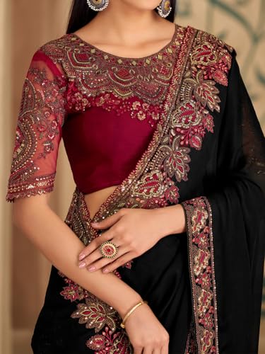 Image of AKHILAM Women's Satin Sequence Embroidery Saree With Unstitched Blouse Piece(SNDLWOD1601 TFH Parent)
