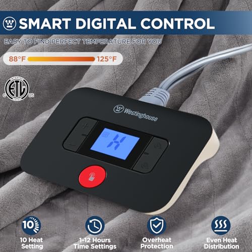 Westinghouse Electric Blanket Twin Size, Super Cozy Soft Flannel 62"" x 84"" Heated Blanket with 10 Fast Heating Levels & 1-12 Auto-Off, Machine Washable, ETL&FCC Certification, Light Grey