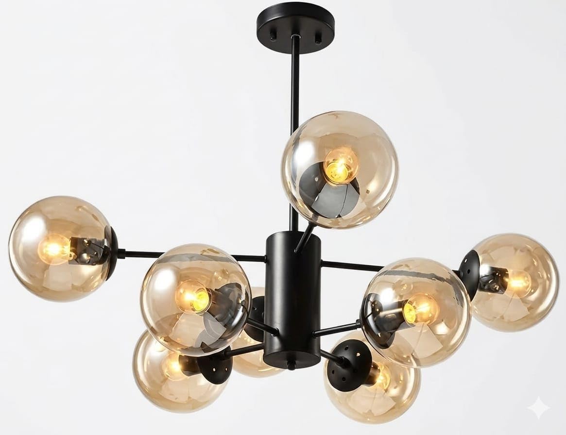 Modern Sputnik Chandelier 8-Light Ceiling Lamp, Black Finish Hanging Light with Amber Glass Globe Shades, Mid Century Pendant Lighting Fixture for Living Room,Indoor Décor-image-1