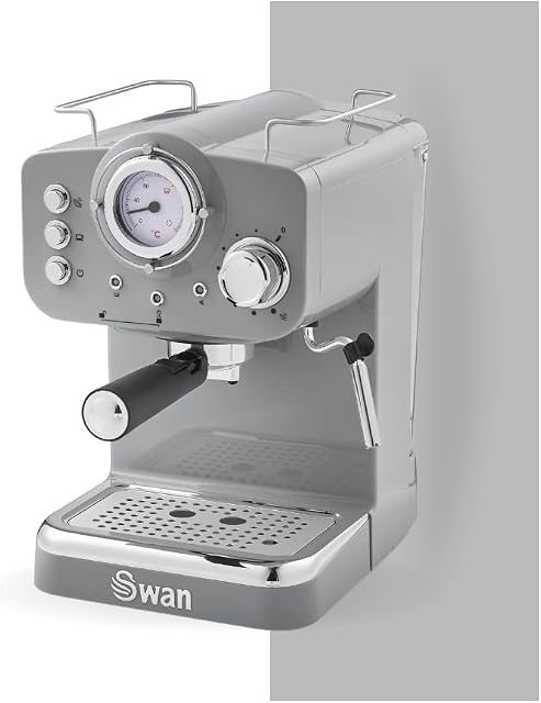 Swan Retro Pump Espresso Coffee Machine, Grey, 15 Bars of Pressure, Milk Frother, 1.2L Tank, SK22110GRN
