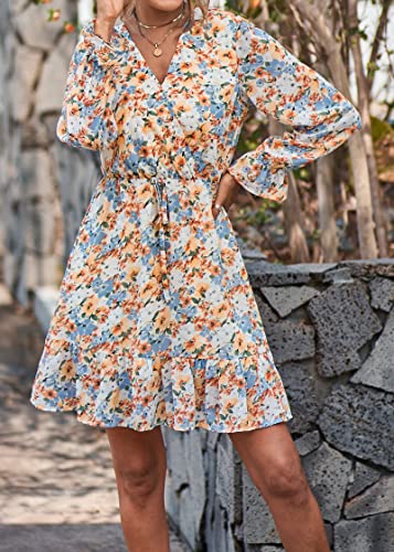 KIRUNDO Women Casual Summer Fall Dresses Long Sleeve Floral Wrap V Neck High Waist Ruffle Tiered A Line Flowy Mini Dress2