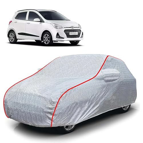 Image of Sulfar 100% Waterproof Car Body Cover Compatible with Mirror for Hyundai Grand i10 (Triple Stitched, Full Bottom Elastic, Magic Silver with Red Piping)