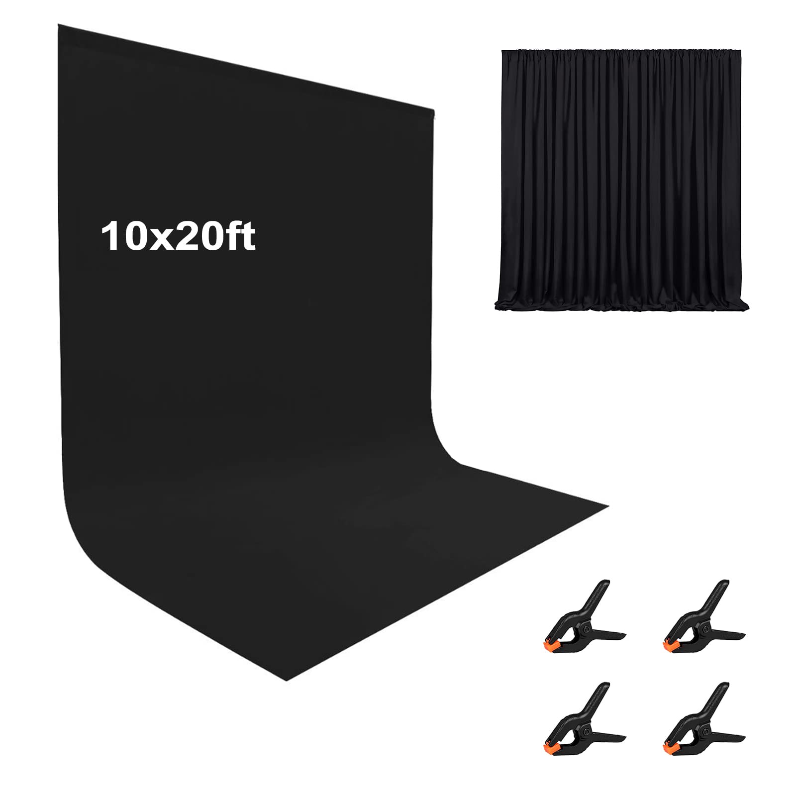 Photo 1 of 10X20ft Black Photo Backdrops for Photography, LCUIRC Two Rod Pocket Backdrops Curtain for Parties, Polyester Fabric Background with 4 Clamps for Product Protrait Photoshoot or Parties Decoration