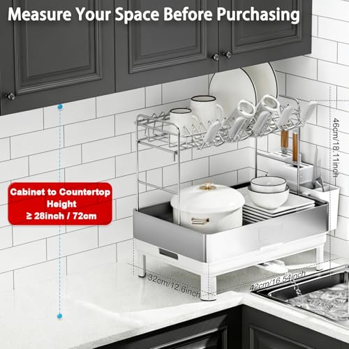 Image of Ewaiira Dish Drying Rack, 2 Tier Large Dish Rack, Stainless Steel Dish Drainer for Kitchen Counter, Dishes Rack with Automatic Drainage, Utensil Holder&Cups Holder,Space Saving Kitchen Organizer,White