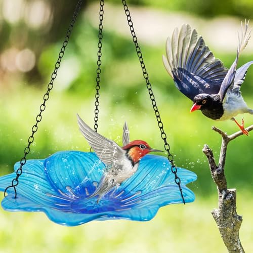 Image of HONGLAND Bird Baths for Outside,10 Inch Small Blue Glass Birdbaths Outdoor,Detachable Bird Feeder with Metal HangingStake for Garden Yard Patio Decor,15 inch Height