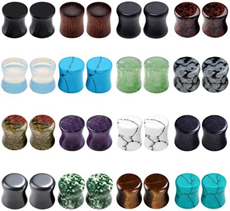 PiercingJ Acrylic Wood Mixed Stone Plugs 16 Pairs/32 Pieces Set Ear Plugs Ear Tunnels Ear Gauges Double Flared Ear Expander Stretcher Set