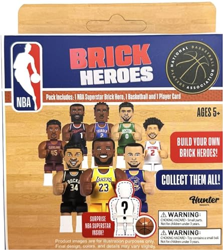 Hunter Products NBA Brick Heroes Collectible Blind Pack, 1 NBA Superstar Figure, Basketball, Player Card, Ages 5+