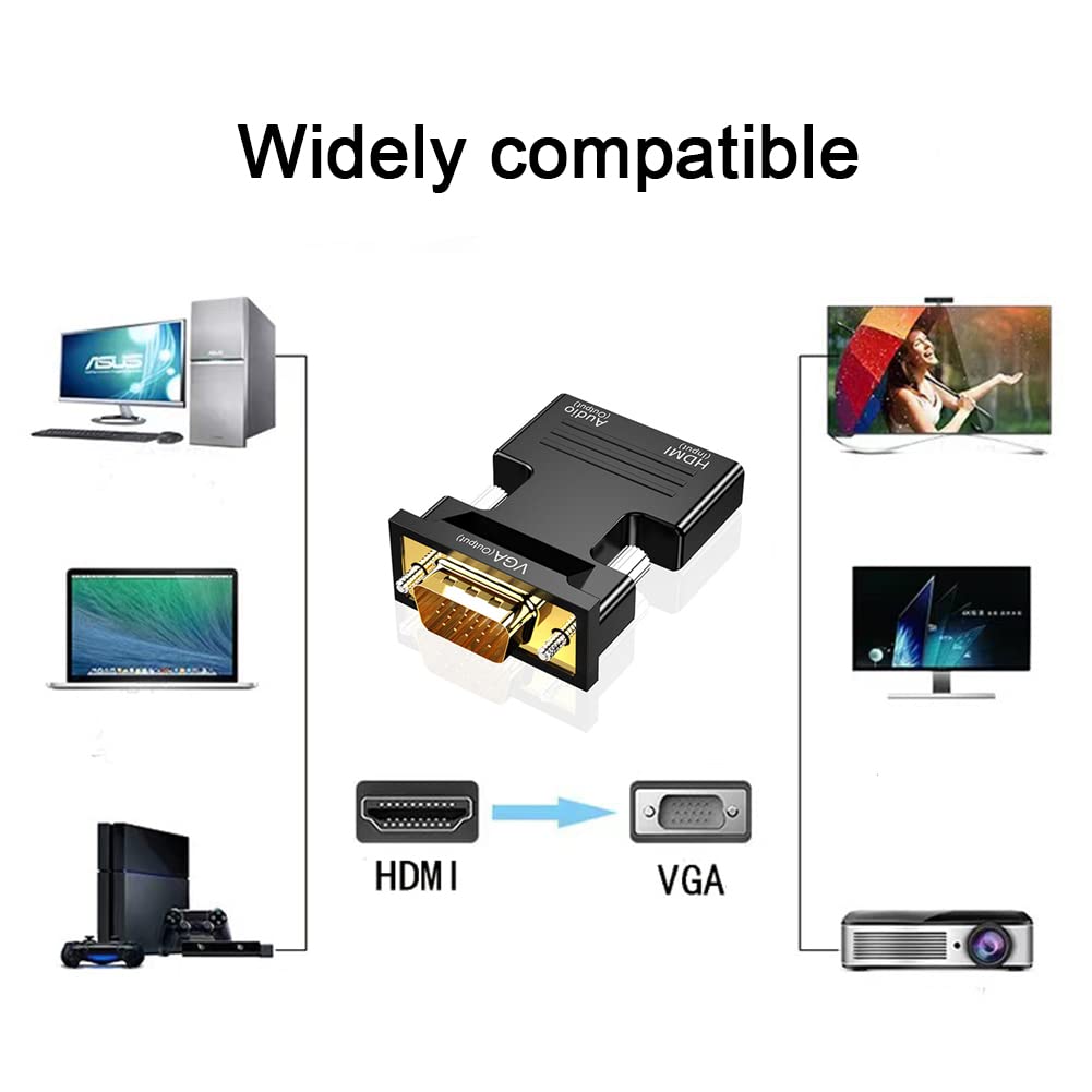 Adapter HDMI do VGA z kablem audio 3,5 mm, konwerter 1080P 60Hz VGA na HDMI, adapter HDMI żeński na VGA męski, kompatybilny z laptopem (VGA) i projektorem TV (HDMI)