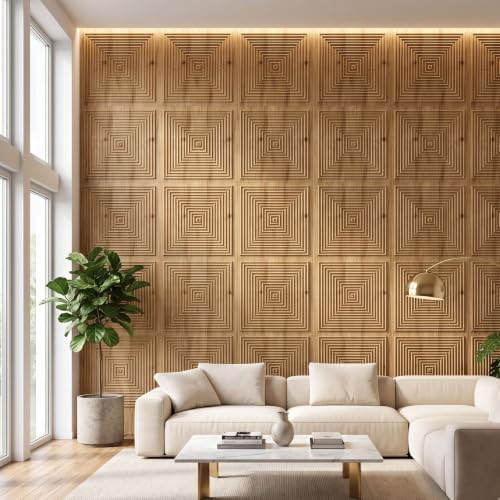 Image of Kayra Decor 3D PVC Wall Panels for Bedroom & Living Room | Pryamid Design |Beech Wood Color | 19.7 x 19.7 Inch | Pack of 12 | 32.28 Sq Ft