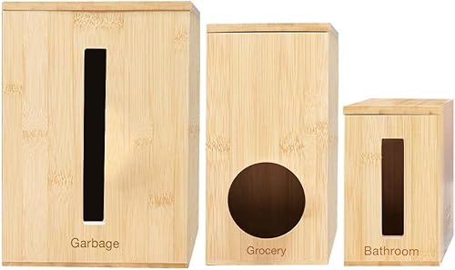Dispensador de bolsas de bambú, organizador y almacenamiento con soporte para bolsas de comestibles y baño, soporte de basura y organizador de