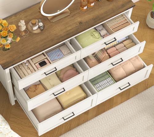 Image of TEENFON 47.2 inch Dresser for Bedroom, White 6 Drawer Dresser with Metal Handles, Wood Dressers & Chests of Drawers for Closet, Farmhouse Dressers for Bedroom, Entryway, White