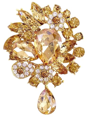 Image of Wedding Bridal Big Crystal Rhinestone Bouquet Brooch Pin for Women (Champagne Tear Drop)