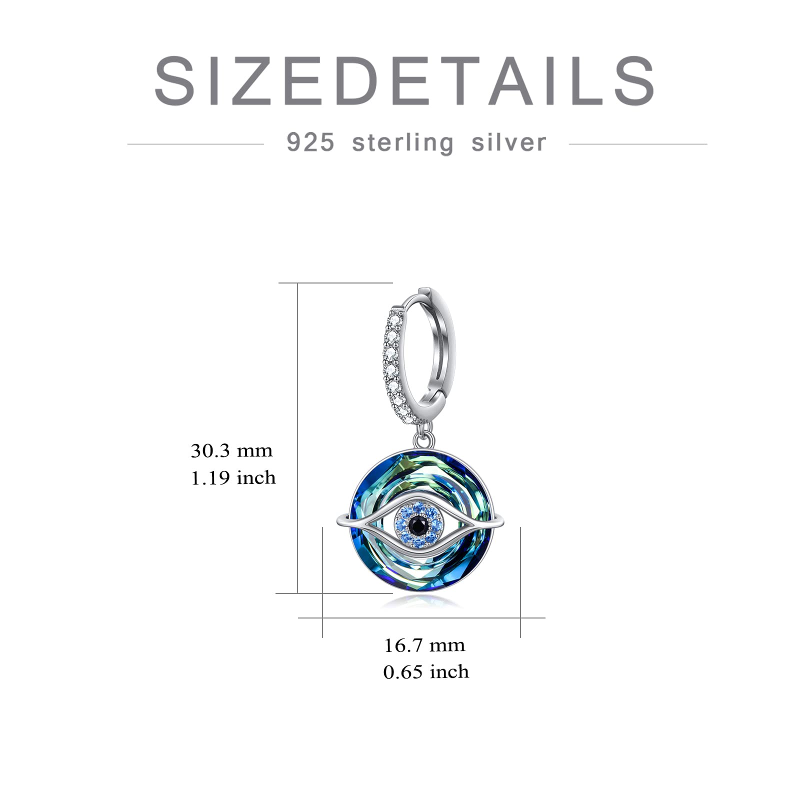 TOUPOP Pendientes de aro de mal de ojo para mujer, aretes de plata de ley 925 con gota de ojo con cristal azul, joyería de mal de ojo para mujer, Plata de ley, Crystal