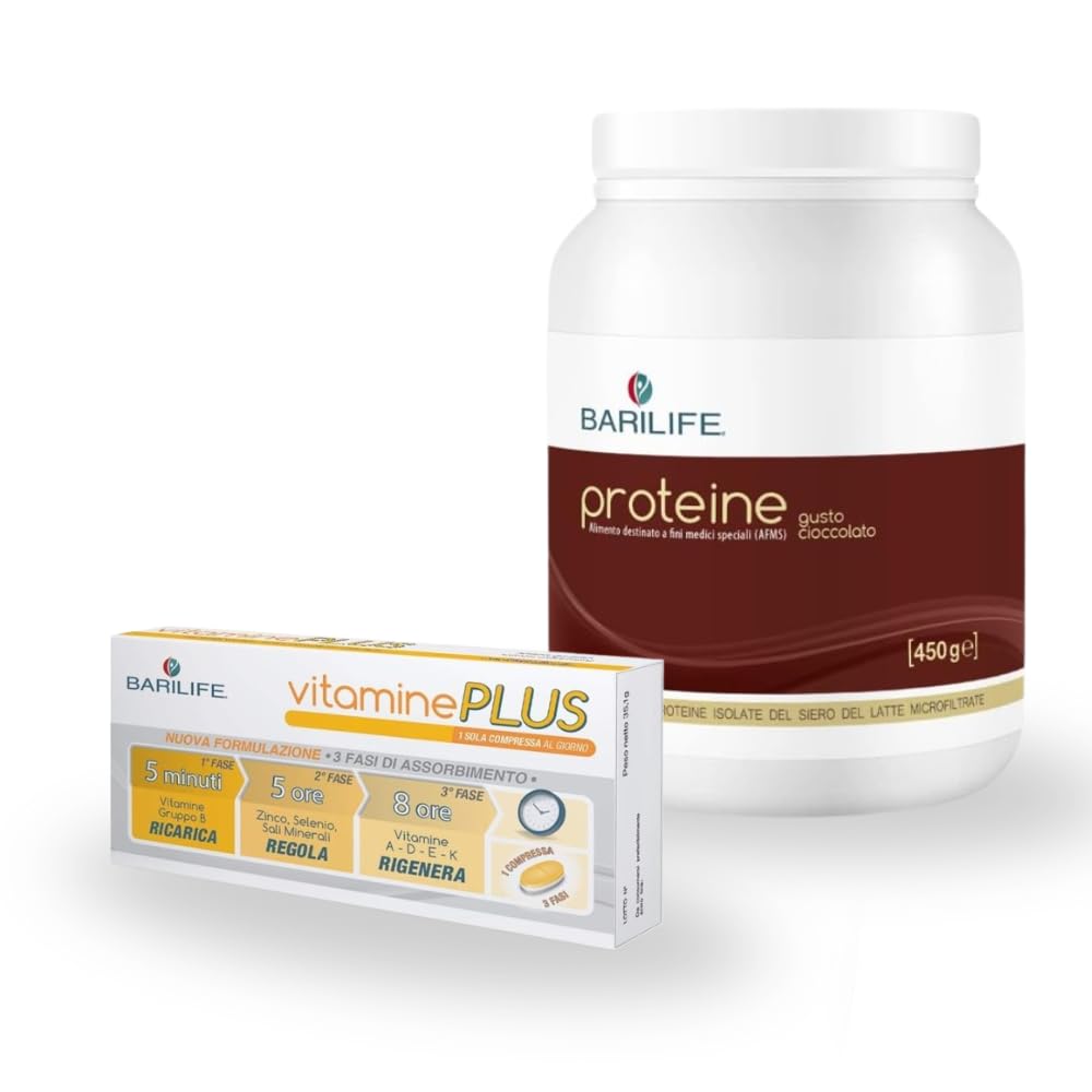 Barilife Vitalità e Proteine Bundle : Proteine Isolate del Siero (450g) + Multivitaminico Vitamins PLUS (30 CPR) | Supporto Muscolare ed Energetico Completo