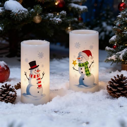 Image of Eldnacele Christmas Snowman Flameless Candles Battery Operated with Remote and Timer Real Wax Flickering LED Pillar Candles Xmas Holiday Indoor Decor(2 Pack, 3 inch D x 6 inch H)