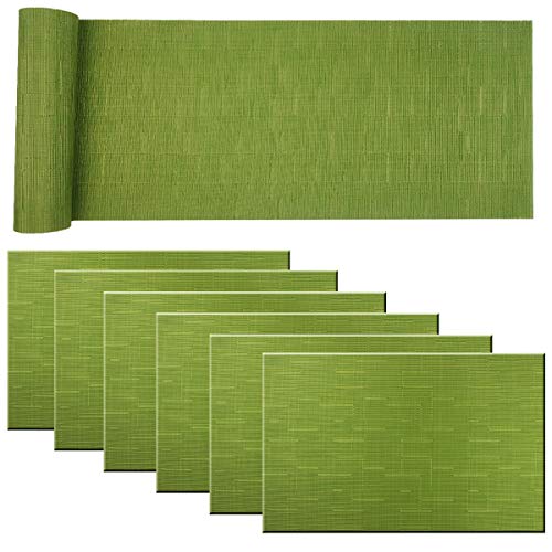 Panda Palm Placemat Matching With Table Runner,Cross-Weave Heat Resistant Placemat Washable Table Mats Sets(6Pcs Placemats + 1 Table Runner, Sage Green) #TOP8
