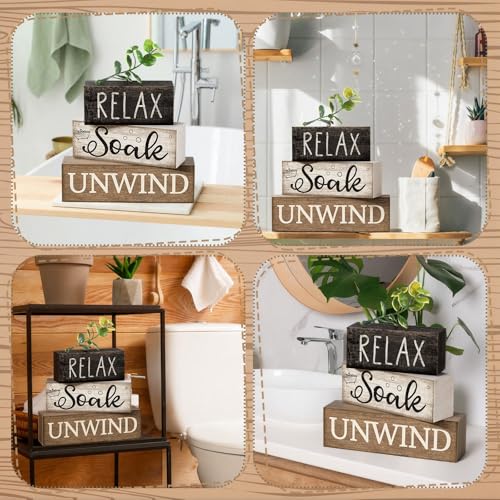 Image of Moucuny 4 Pcs Bathroom Shelf Decor Sign Farmhouse Bathroom Decor and Accessories Rustic Eucalyptus Leaves Wood Block Sign Gift Relax Soak Unwind Farmhouse Table Centerpiece for Home Toilet