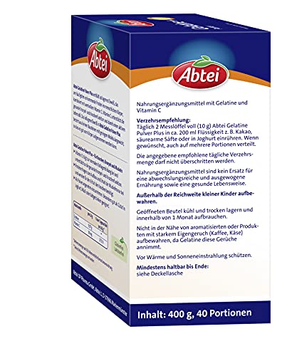 Abtei Gelatine Pulver Plus - reine Gelatine und Vitamin C für Knochen, Knorpel und Muskeln - hochdosiert - 400 g (4 x 100 g) - Vorratspack für 40 Tage