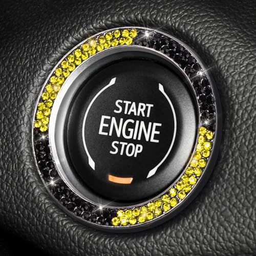 Image of ToBeQueen Bling Black Yellow Push Start Button Cover Emblem Sticker, Crystal Diamond Rhinestone Engine Start Ring Car Decor, Yellow and Black Car Accessories for Women