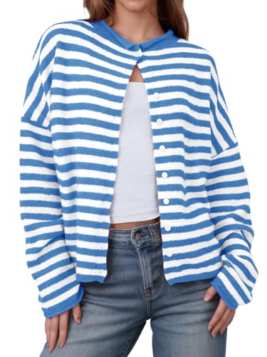 Image of Saodimallsu Womens Striped Cardigan Casual Long Sleeve Open Front Button Down Loose Knit Lightweight Fall Sweaters