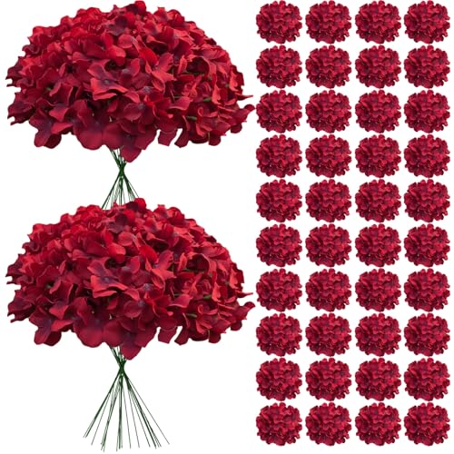 Cherica 65Pcs Deep Red Hydrangea Artificial Flowers BulkRealistic Silk Fake Flowers with StemsFaux Hydrangea Flowers for Wedding Home Decor Centerpieces Living Room Garden Party Baby Shower Decor