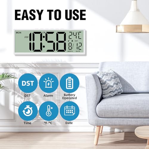Image of XREXS 14.5 inch Digital Wall Clock Battery Operated with Big Digits LCD Screen Display, Large Display Timer with Temperature Date Week Auto DST, Alarm Clock for Classroom, Livingroom, Office