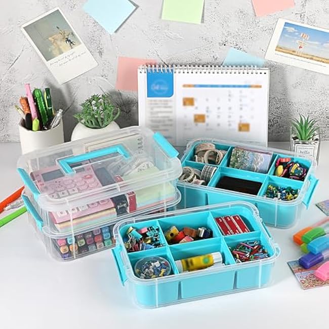 JUXYES 4-Tiers Stack Carry Storage Box With 2 Divided Tray, Transparent Stackable Storage Bin With Handle Lid Latching Storage Container for School & Office Supplies, Blue