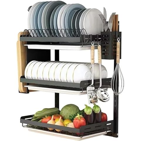 Ctystallove 3 Tier Black Stainless Steel Dish Drying Rack Cover