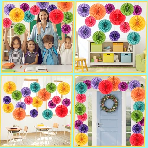 Image of 18 Pcs Rainbow Hanging Paper Fans Decor Back to School Paper Fans Round Paper Garlands Bulletin Board Classroom Decorations for Party Supplies Classroom Decor