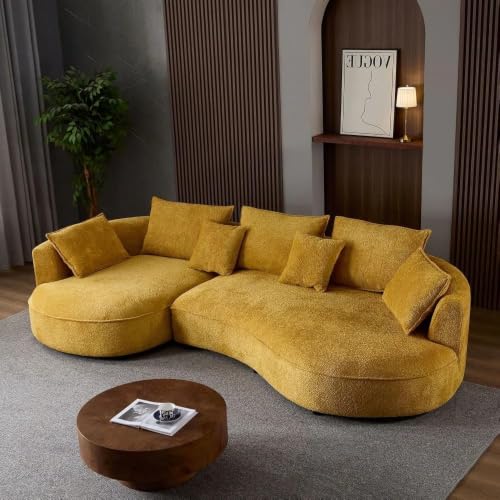 Image of Modern Curved White Sofa Couch with Plush Pillows - 4 Seater Upholstered Living Room Sofa | Contemporary Minimalist Design for Home, Office & Lounge.