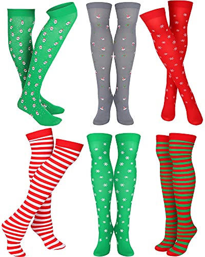SATINIOR 6 Pairs Christmas Thigh High Stockings Christmas Hat Santa Snowflake Stockings Striped Over Knee Socks Long Christmas Stockings for Women Girls Mixed Colors, 20 inches long