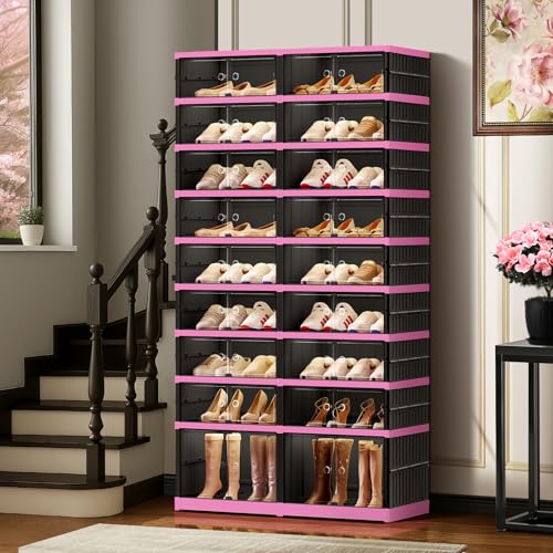 Image of CIMLORD 9-Tier Foldable Shoe Rack Organizer with Door, 36 Pairs, Black-Pink | Collapsible Large Shoe Rack for 36 Pairs, Fits Boots, Wide Stackable, Clear Door, Lidded Boxes, Easy Assembly, for Closet