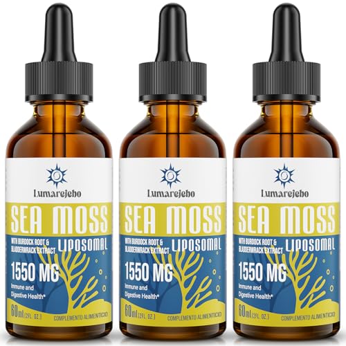 Lumarejebo Gotas lipossomal de musgo do mar irlandês de 1550 mg, com raiz de Bardana e extrato de fucus, 4 vezes mais potente do que comprimidos e géis, suplementos vitamínicos (60 ml (embalagem de 3