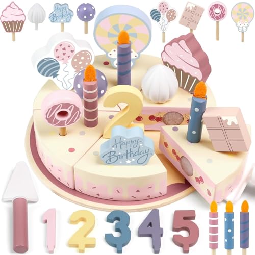 TOYBY Wooden Birthday Cake Toy - Play Food Set for Pretend Kitchen Toys, Educational Wooden Cake & Accessories, Fake Cake Gift for Kids Ages 3+ Boys Girls