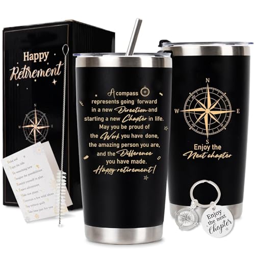 Retirement Gifts for Men 2025, 20 Oz Retired Tumbler Cup with Lid & Straw, Best Retirement Gift Set Stainless Steel Cup with Keychain & Card for Men Him Husband Teachers Boss Doctors Coworkers, Black