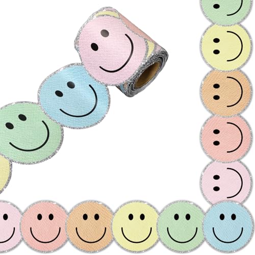 Image of Whaline 32.8 Ft Boho Happy Face Bulletin Board Border Pastel Smile Face Die-Cut Border Trim with Silver Edge for Back to School Chalkboard Wall Decoration