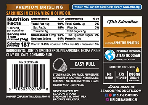 Image of Season Brisling Sardines in Extra Virgin Olive Oil, 3.37 Oz Tins, 6-Pack | Wild Caught, 14g of Protein, Keto Snacks, More Omega 3's Than Tuna, Kosher, High in Calcium, Canned Sardines, Two Layers